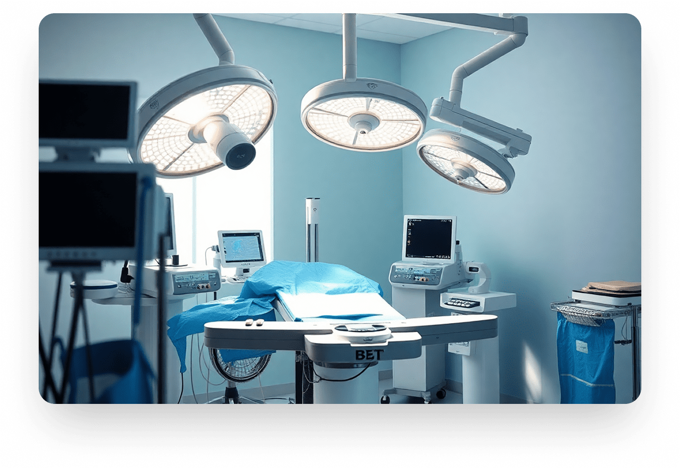modern medical laparoscopic surgery equipment in operating room, professional medical photography, clean and sterile environment